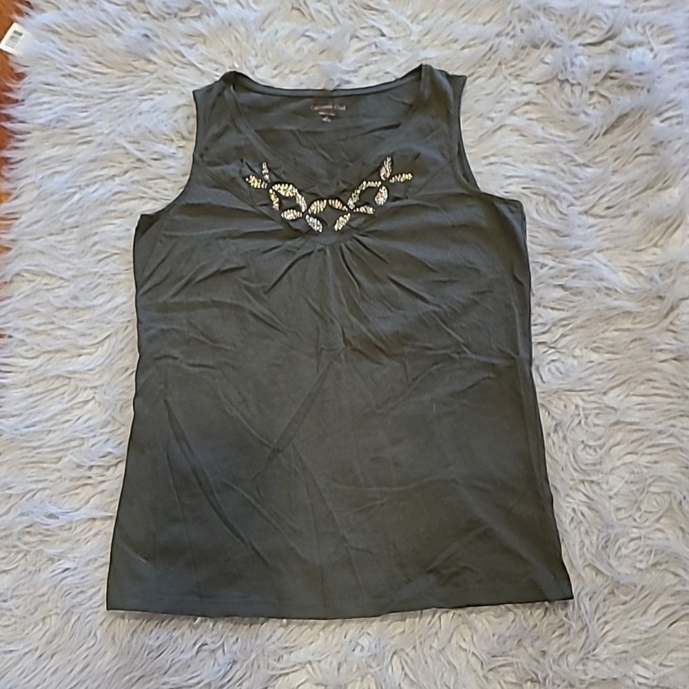 Coldwater creek womens army green cotton tank top with beaded neckline